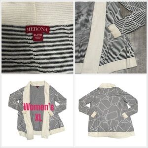 Women’s Merona XL 16 - 18 Sweater Cardigan Striped Black Cream Open Front
